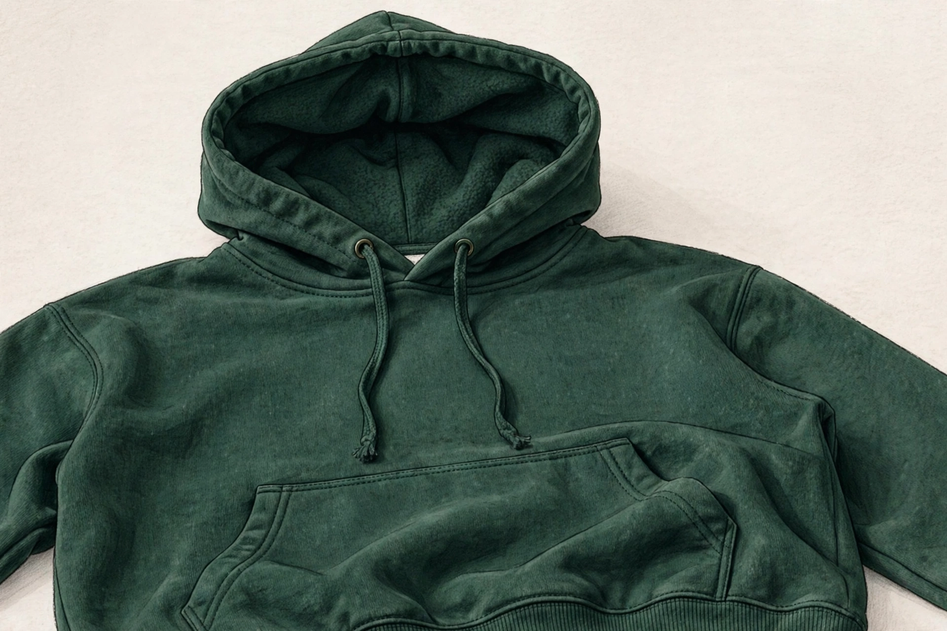 Hoodie detail showing hood, drawstrings, and kangaroo pocket