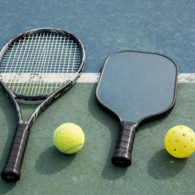 Tennis racket and pickleball paddle side by side on a court