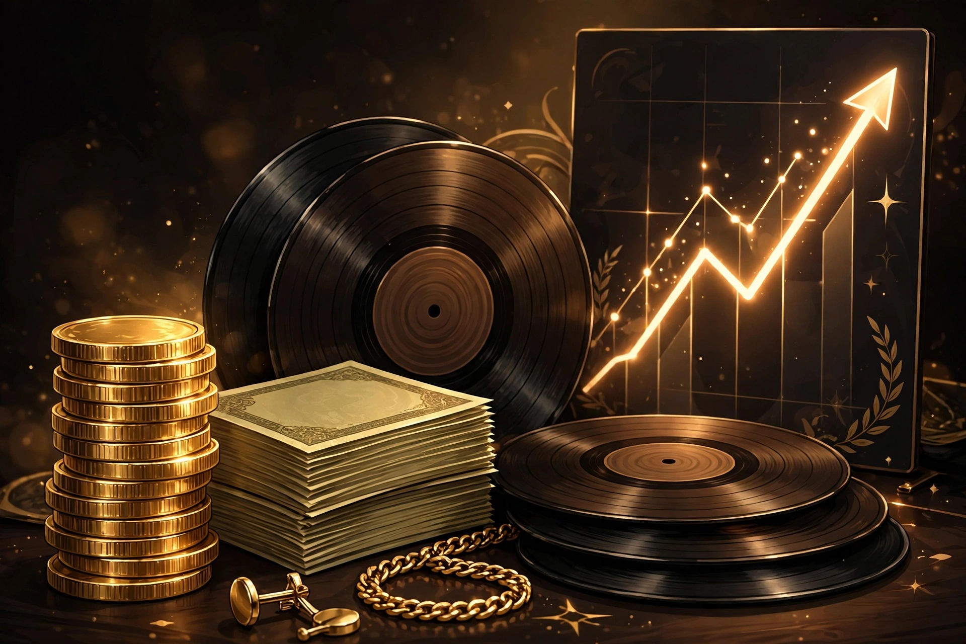Tkay Maidza income sources: gold coins, banknotes and vinyl records with rising chart for music wealth