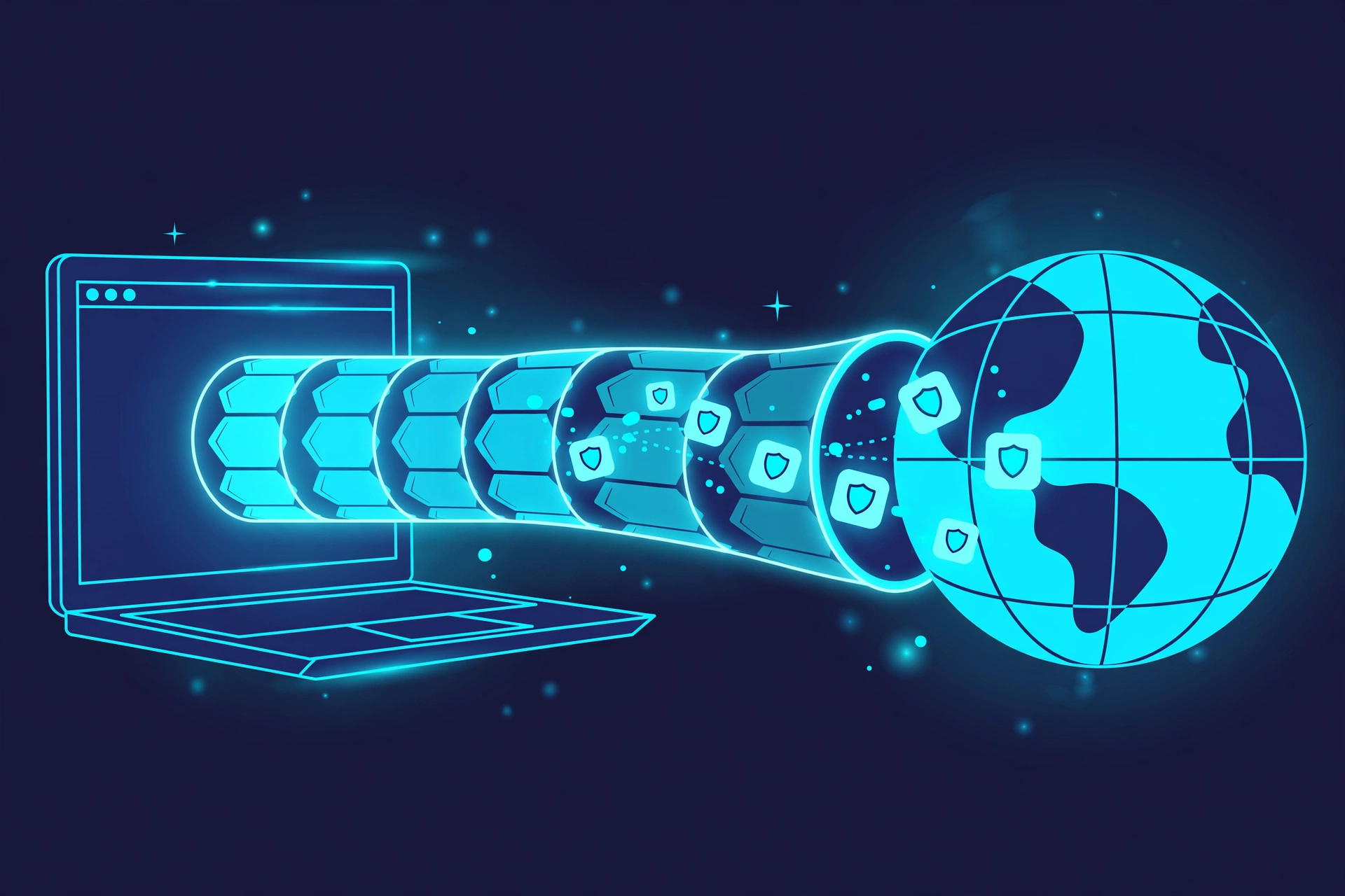 Illustration of a laptop sending protected data through an encrypted VPN tunnel to a globe