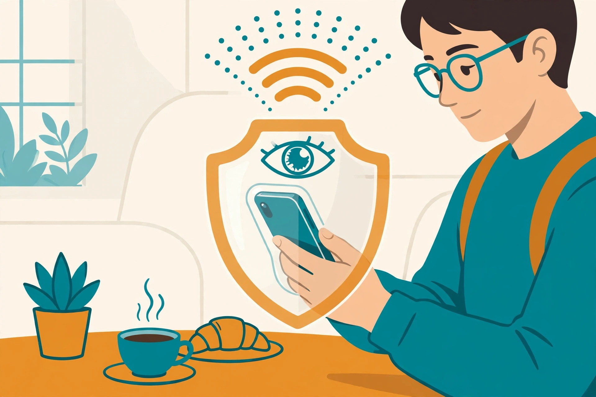 Illustration of a smartphone protected by a shield on public Wi-Fi, a common VPN use case