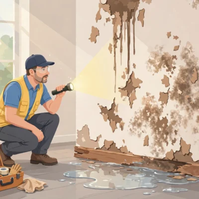 Home inspector with flashlight examining a water-stained wall during a water damage assessment