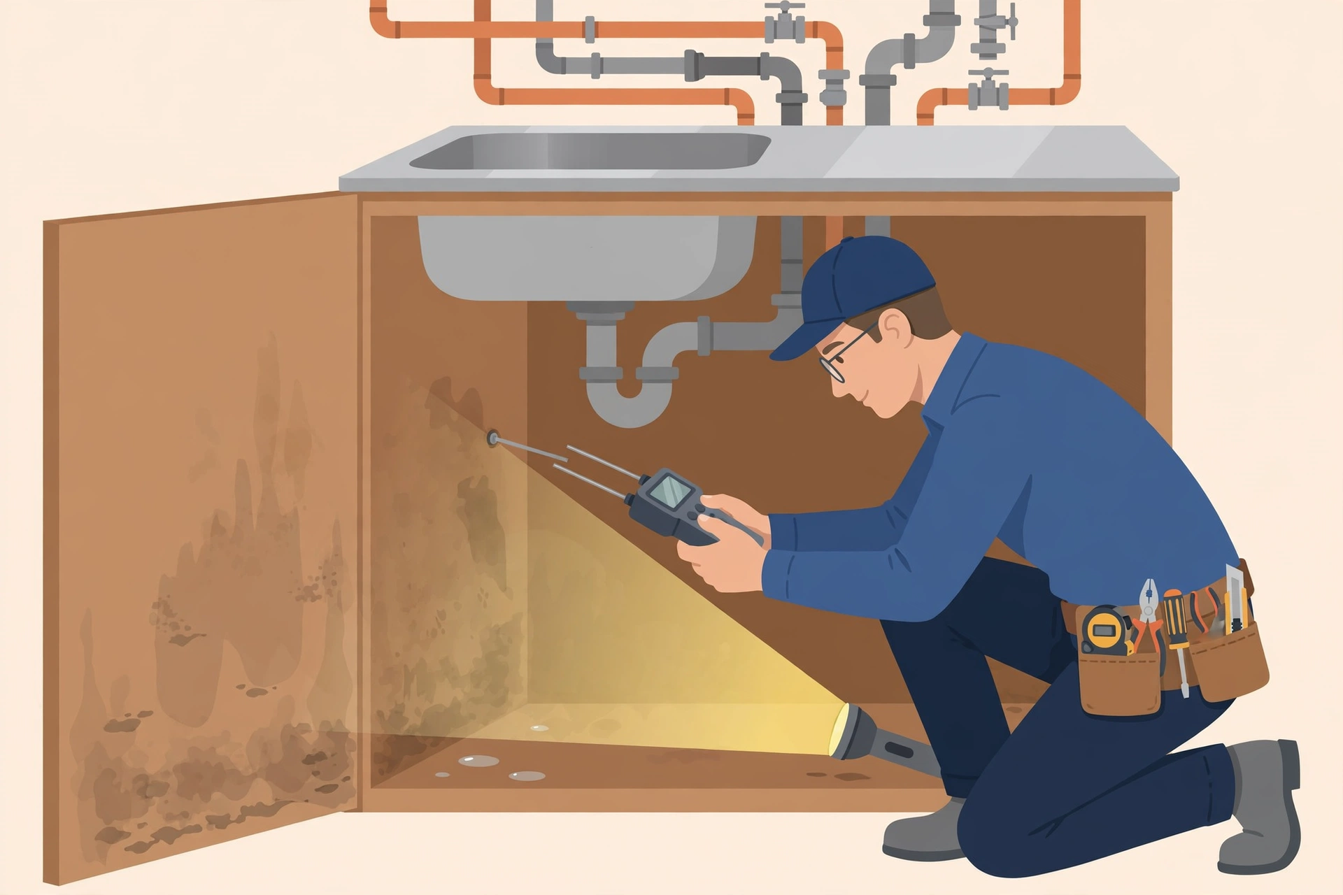Inspector checking under a kitchen sink with a moisture meter during a room-by-room water damage inspection