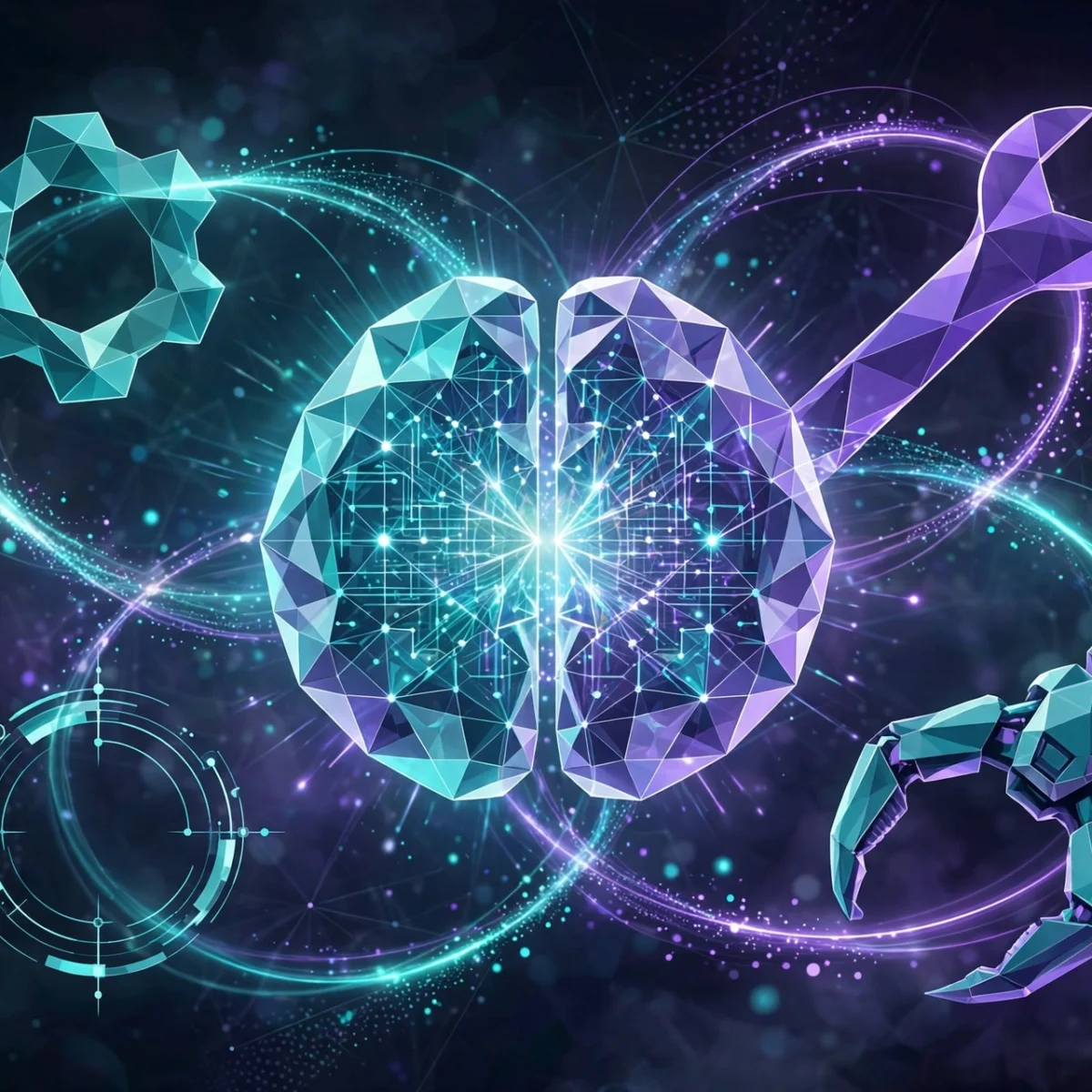 Abstract illustration of an AI agent brain connected to digital tools for autonomous task execution