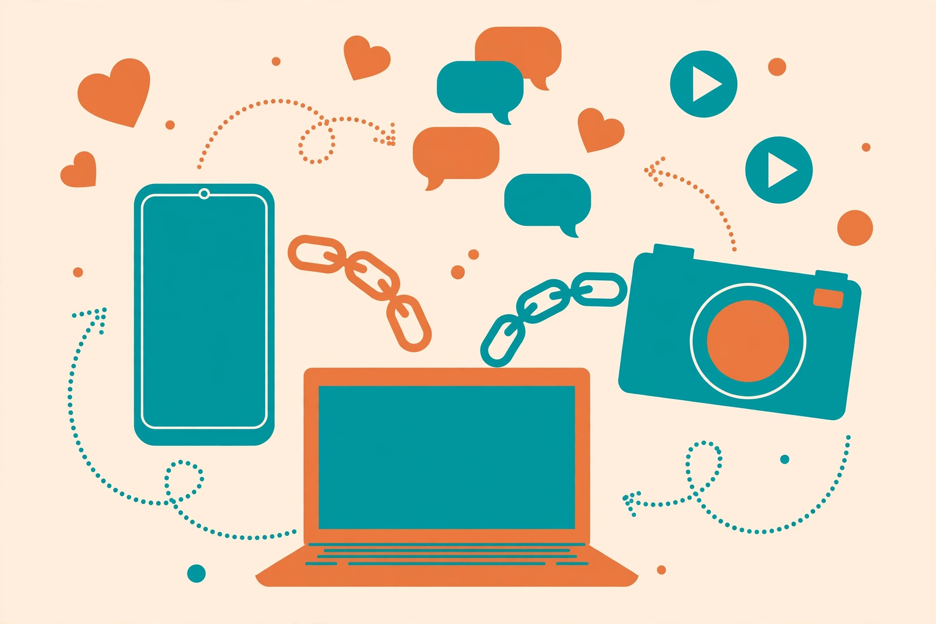 Illustration of a content creator workspace with a smartphone, laptop, and link icons connecting social media platforms