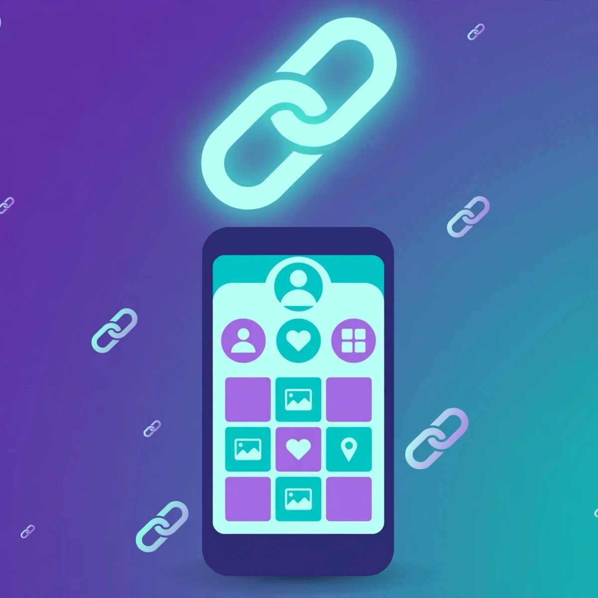 Illustration of a smartphone showing a social media profile with a glowing link icon, explaining what link in bio means