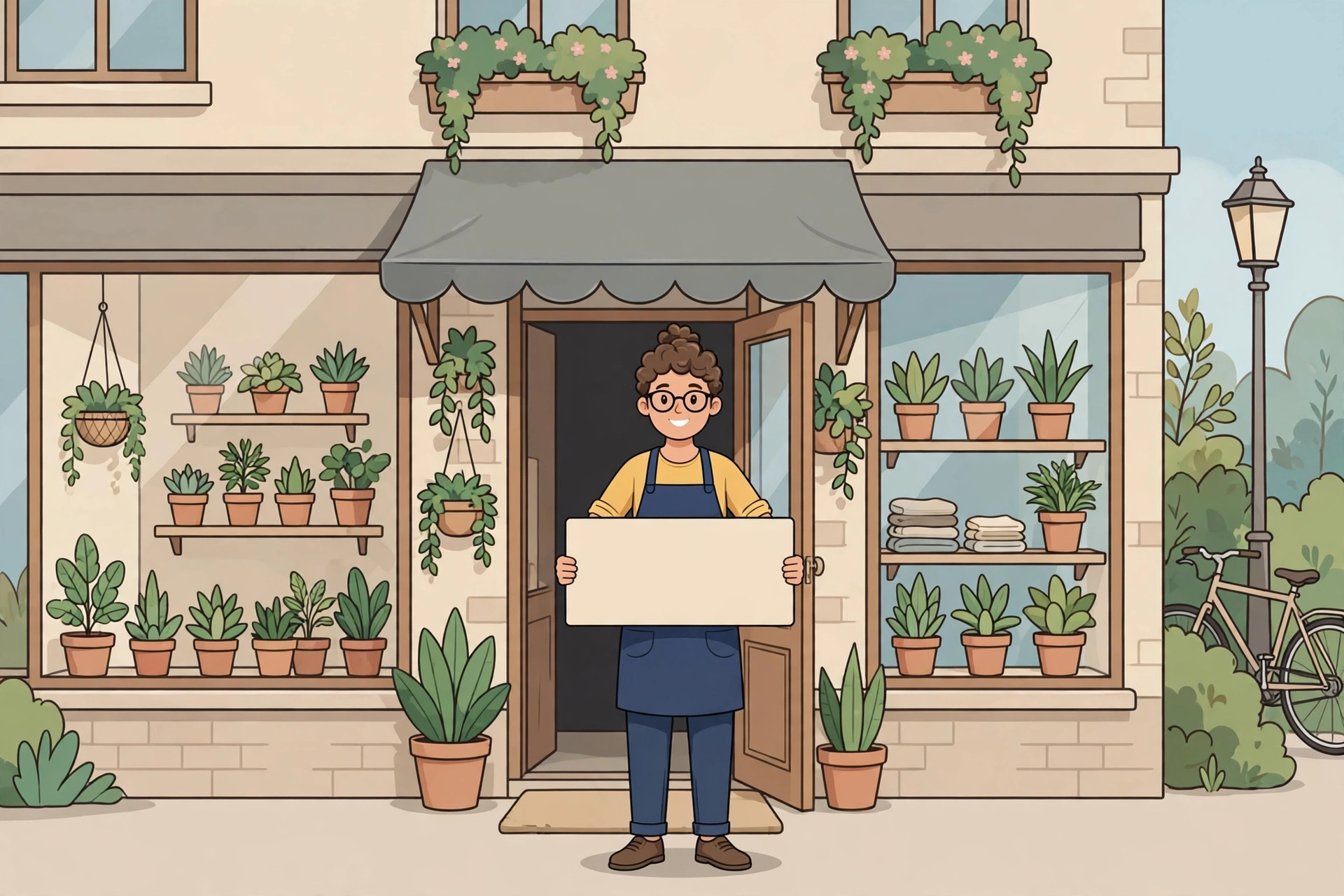 Small business owner holding a blank shop sign