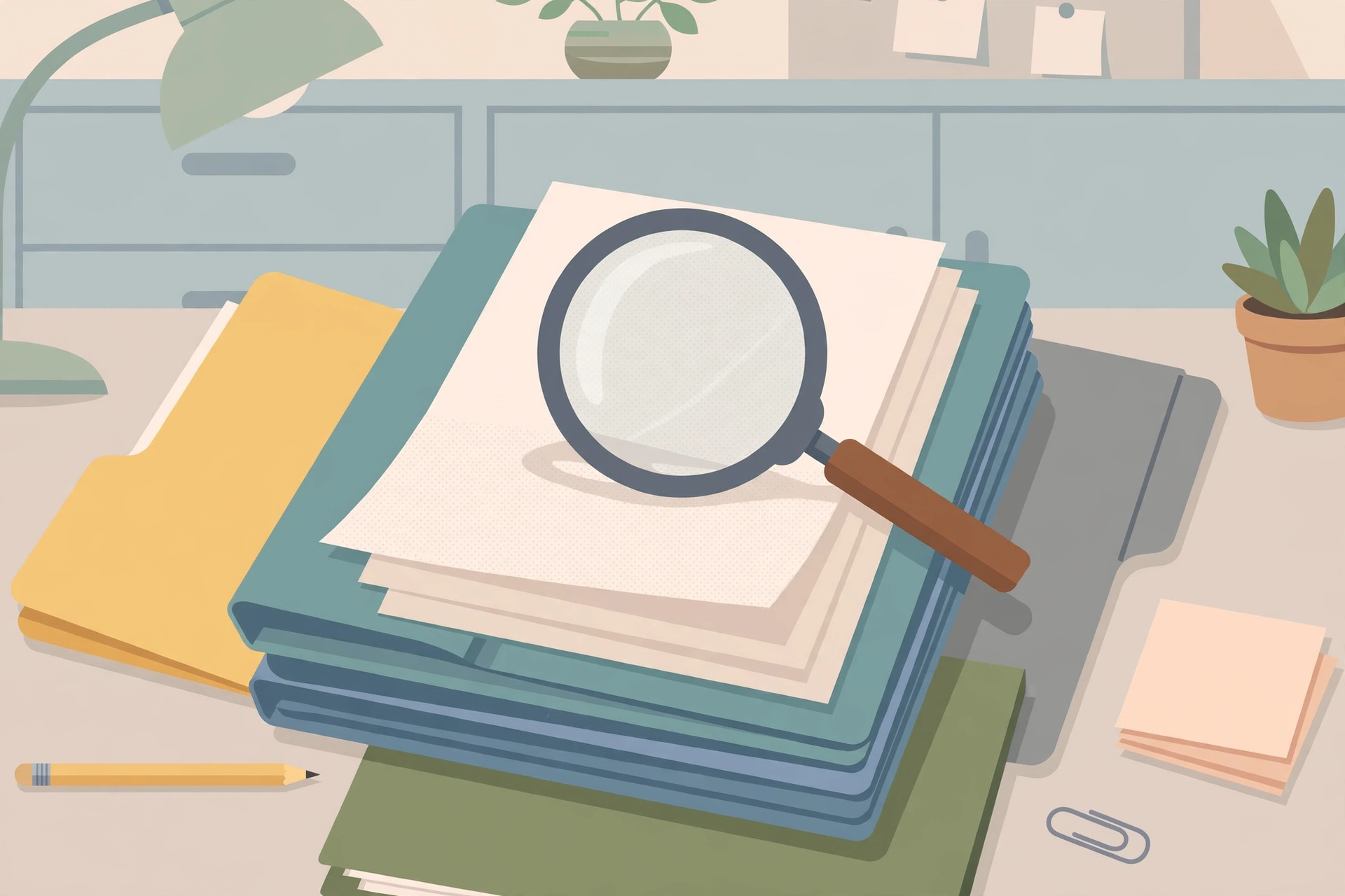 Business documents reviewed with a magnifying glass