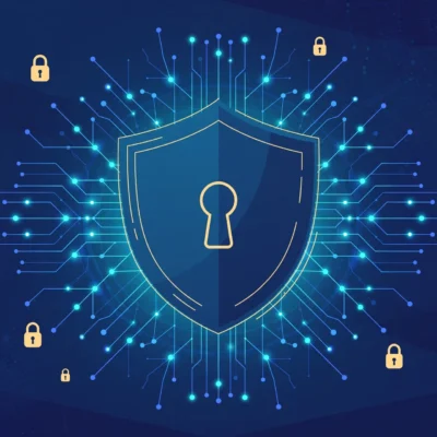 Illustration of a shield with a keyhole surrounded by network nodes representing what a VPN is