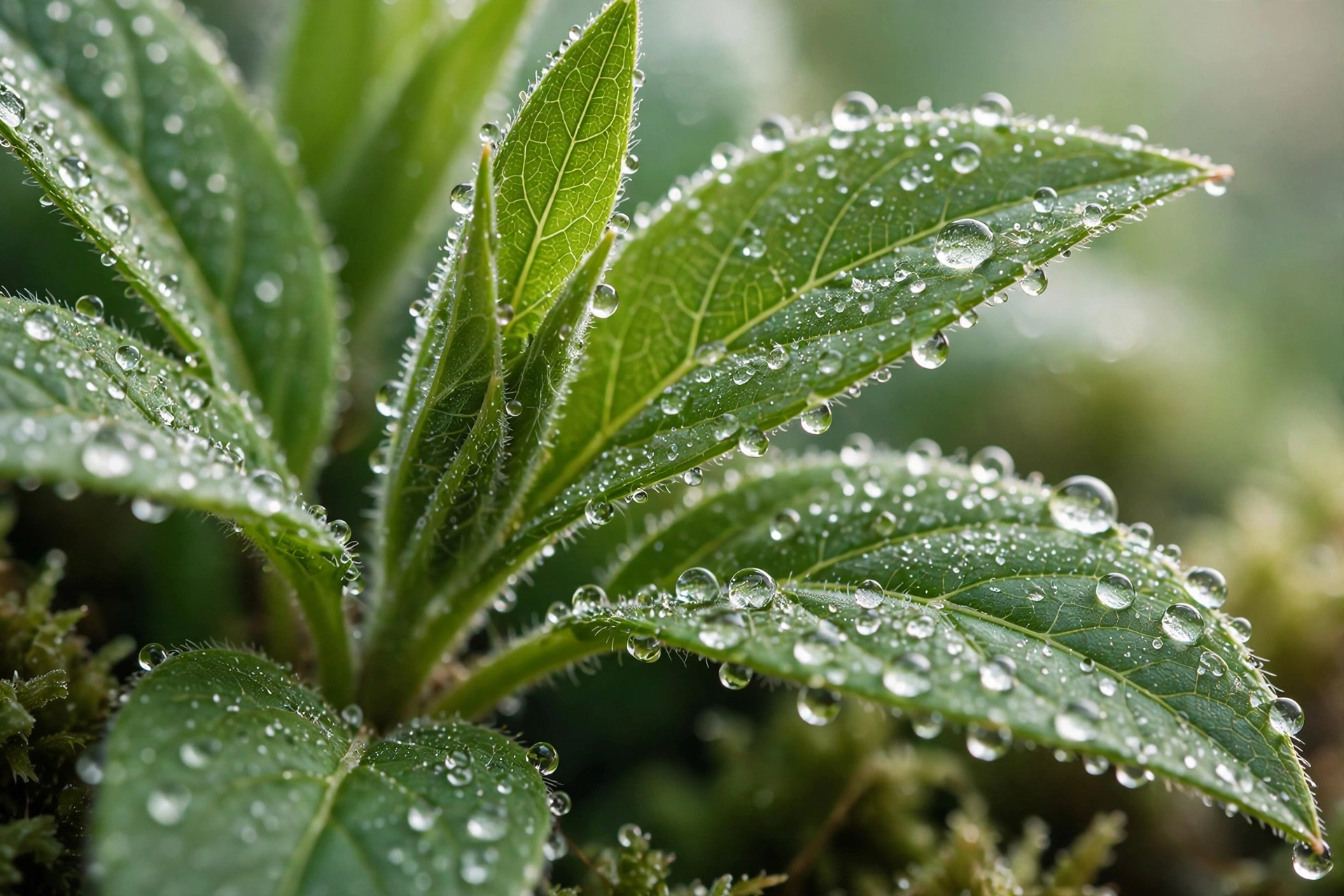 Green leaves covered in morning dew drops in macro detail