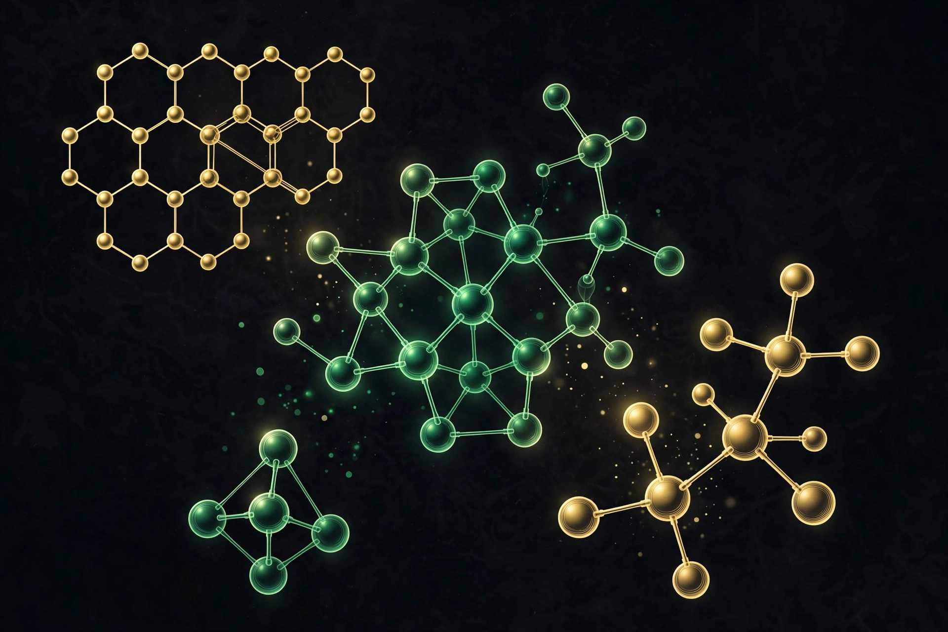 Abstract molecular structures in green and gold on a dark background