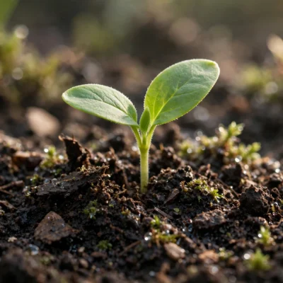 Young green seedling sprouting from dark soil in morning light