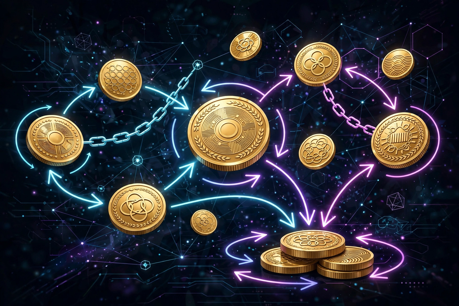 Decentralized finance DeFi concept illustration with connected blockchain nodes