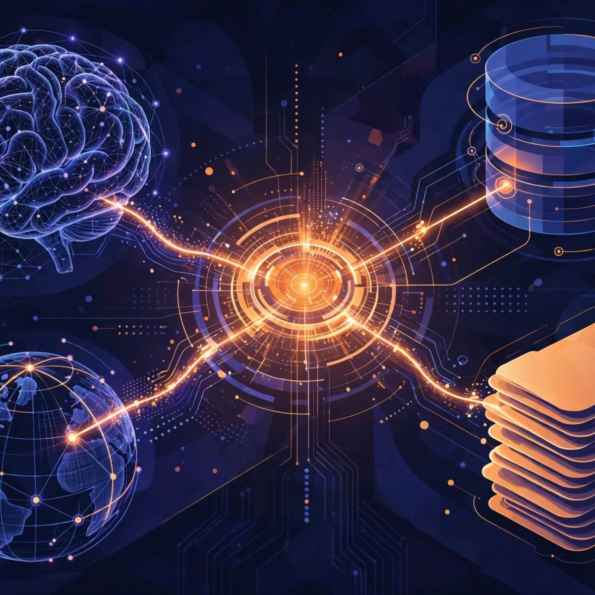 Abstract illustration of the Model Context Protocol connecting an AI model to tools via a central hub