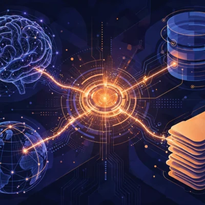 Abstract illustration of the Model Context Protocol connecting an AI model to tools via a central hub