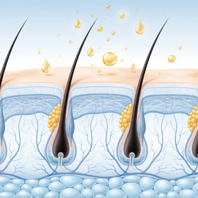 What is PRP hair treatment: scalp cross-section with hair follicles and plasma droplets