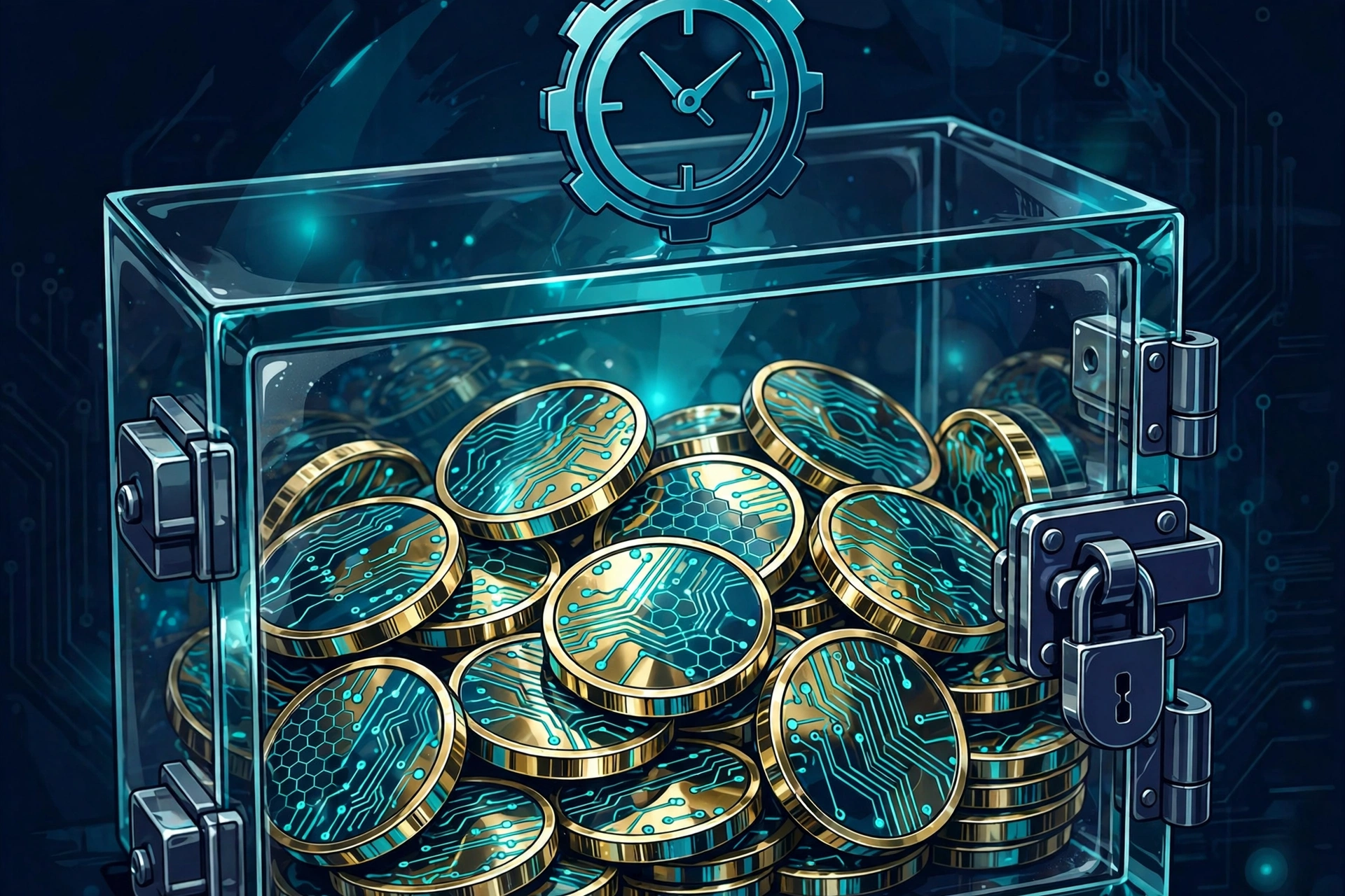 How crypto staking rewards work explained with coins locked in a vault