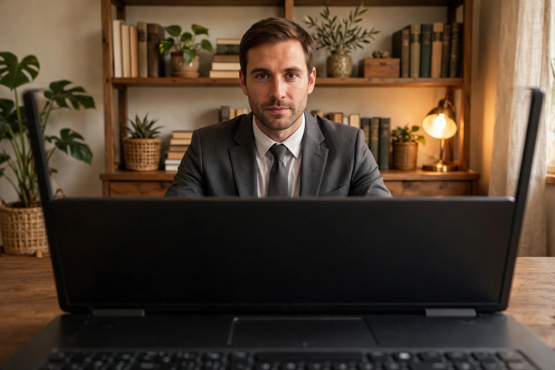 Man in a suit attending a video job interview from a home office