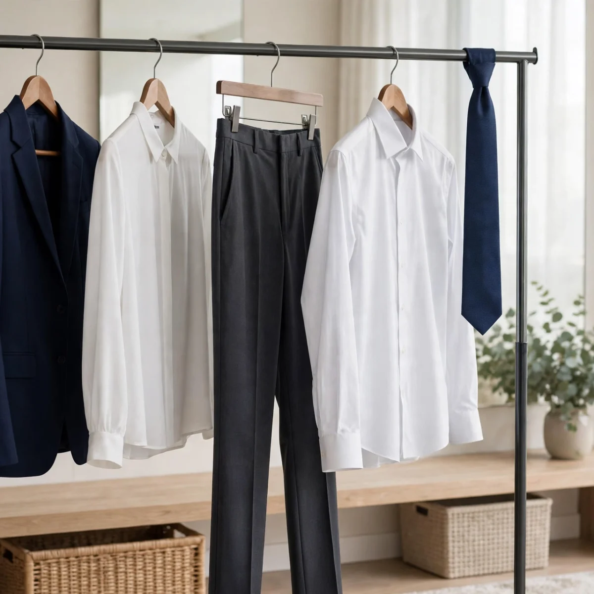 Professional interview outfits including blazer, blouse, and suit on a rack