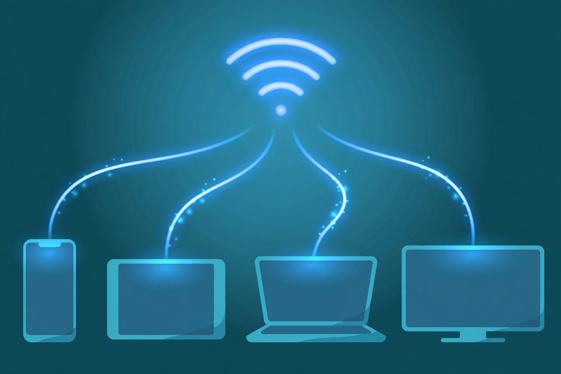Illustration of phone, laptop, tablet, and smart TV connected to home Wi-Fi