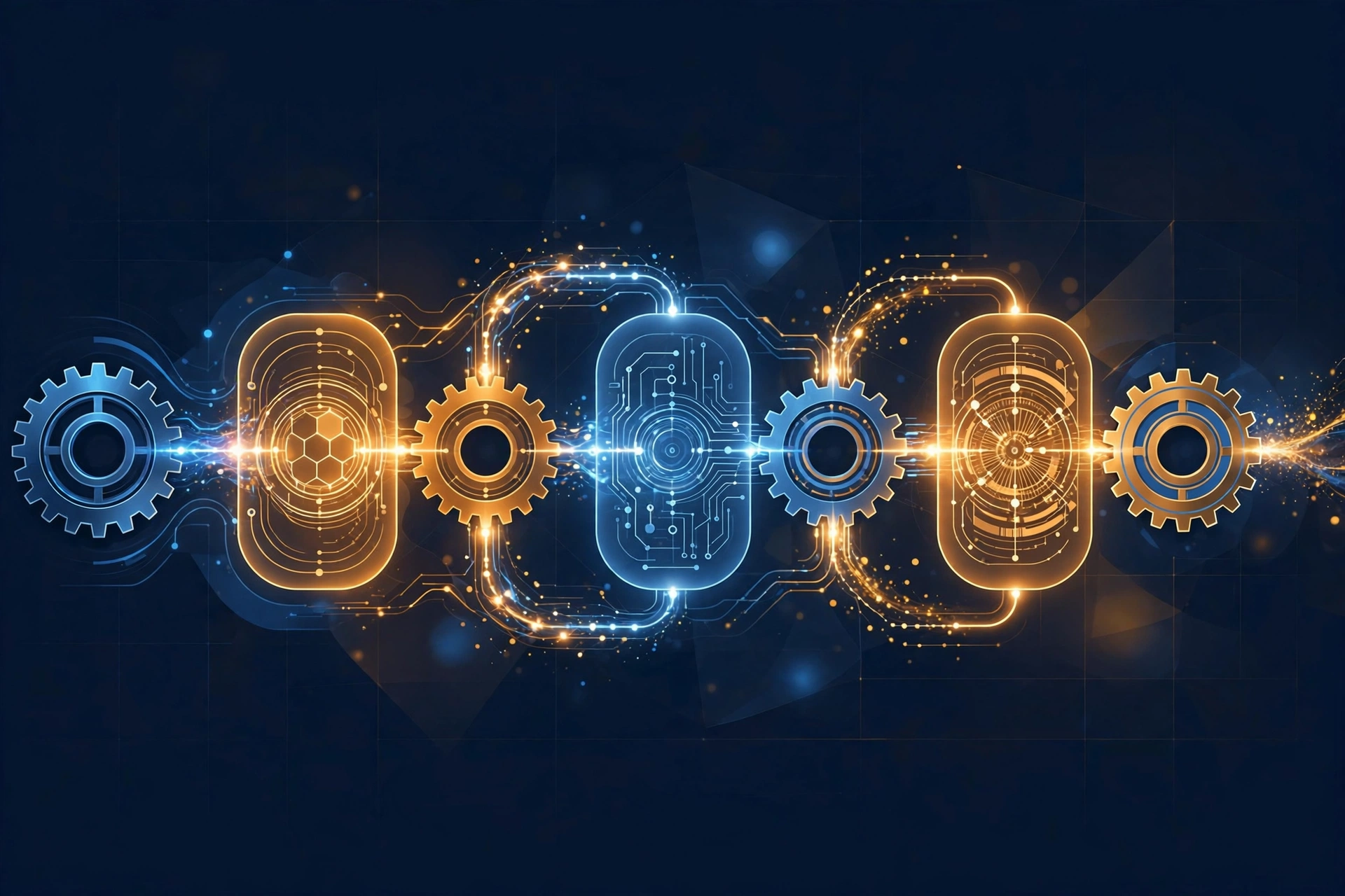 Stylized illustration of a step-by-step Zapier workflow automation pipeline with connected gears and nodes
