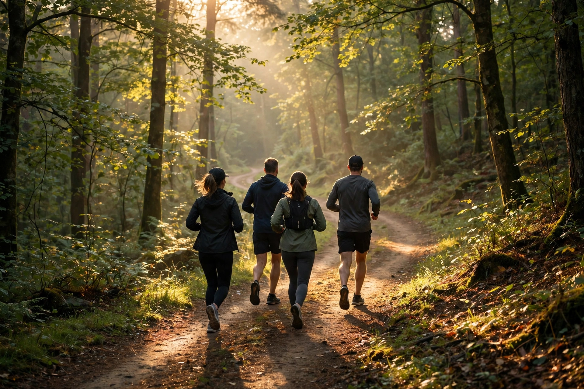 Group of runners jogging together on a forest trail at sunrise