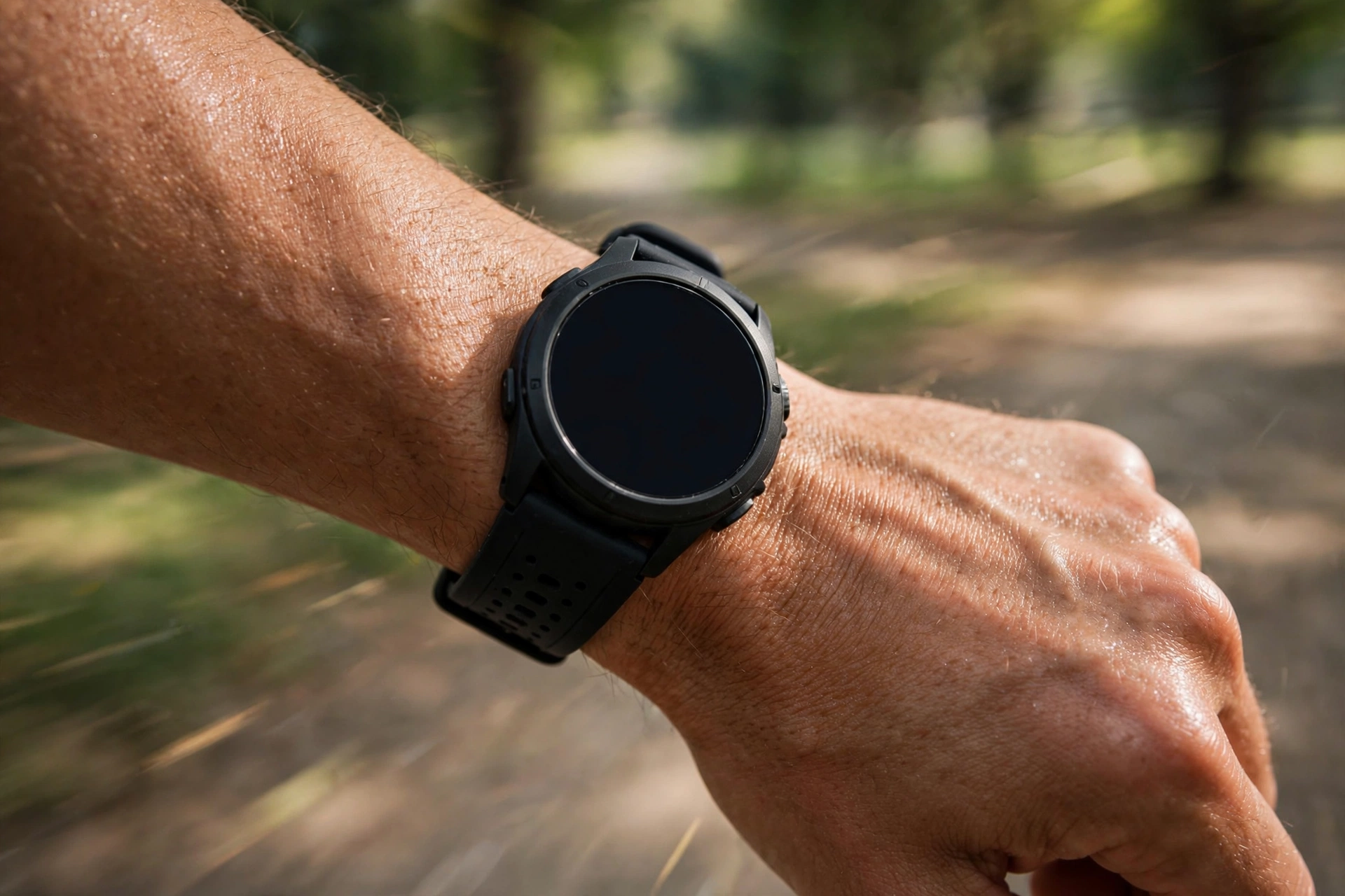 Close up of a sports watch on a runner's wrist during an easy run
