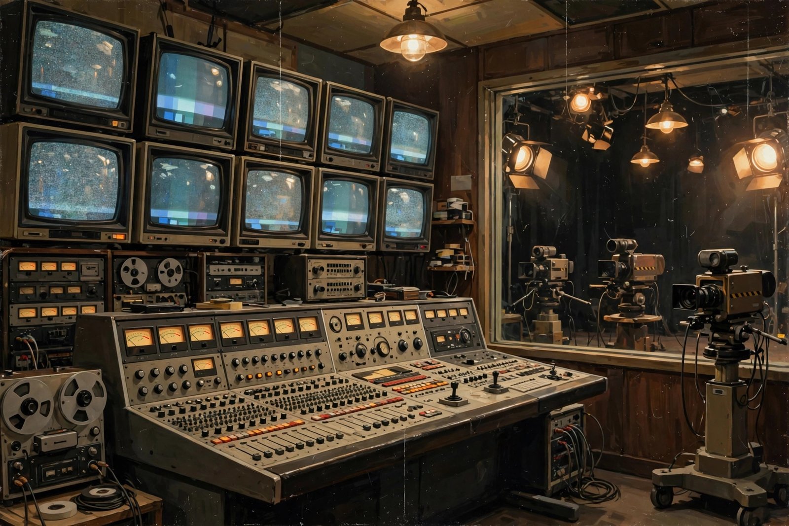 Illustration of a 1980s television studio control room, evoking the era of Ed Asner's television career