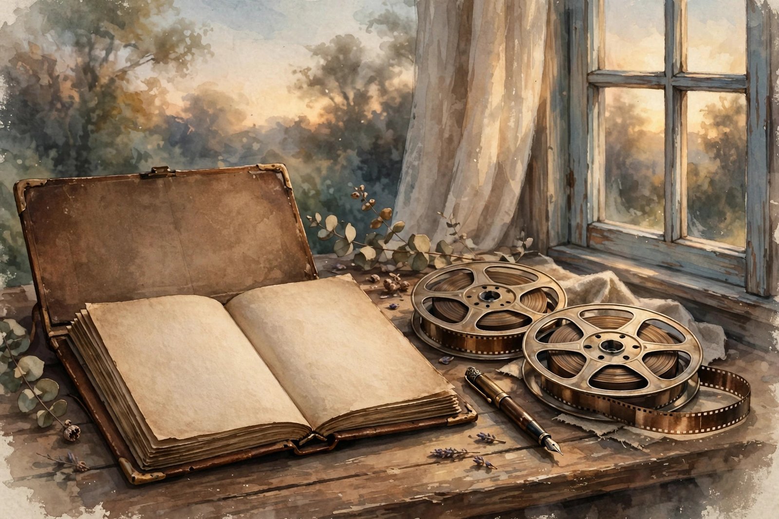 Illustration of a vintage photo album and film reels, symbolizing family history and Hollywood legacy