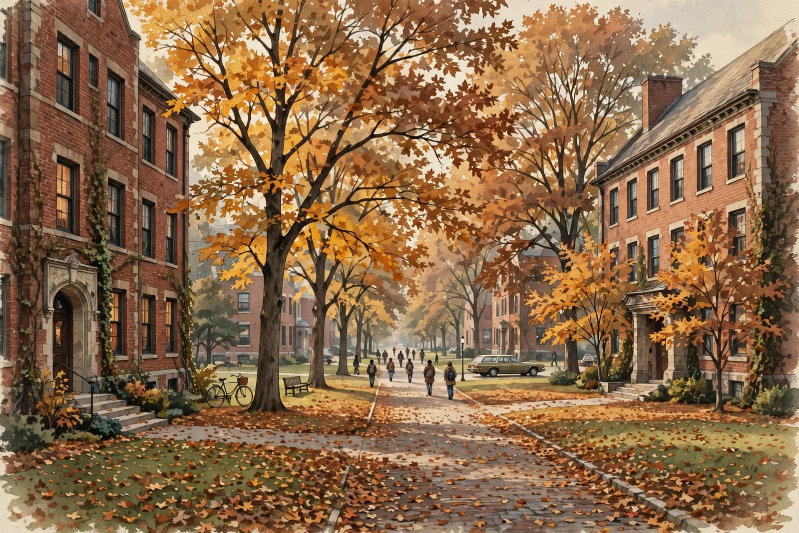 Illustration of a 1970s American college campus in autumn