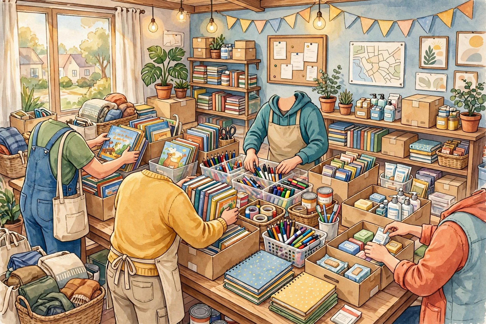 Illustration of volunteers working together at a community center