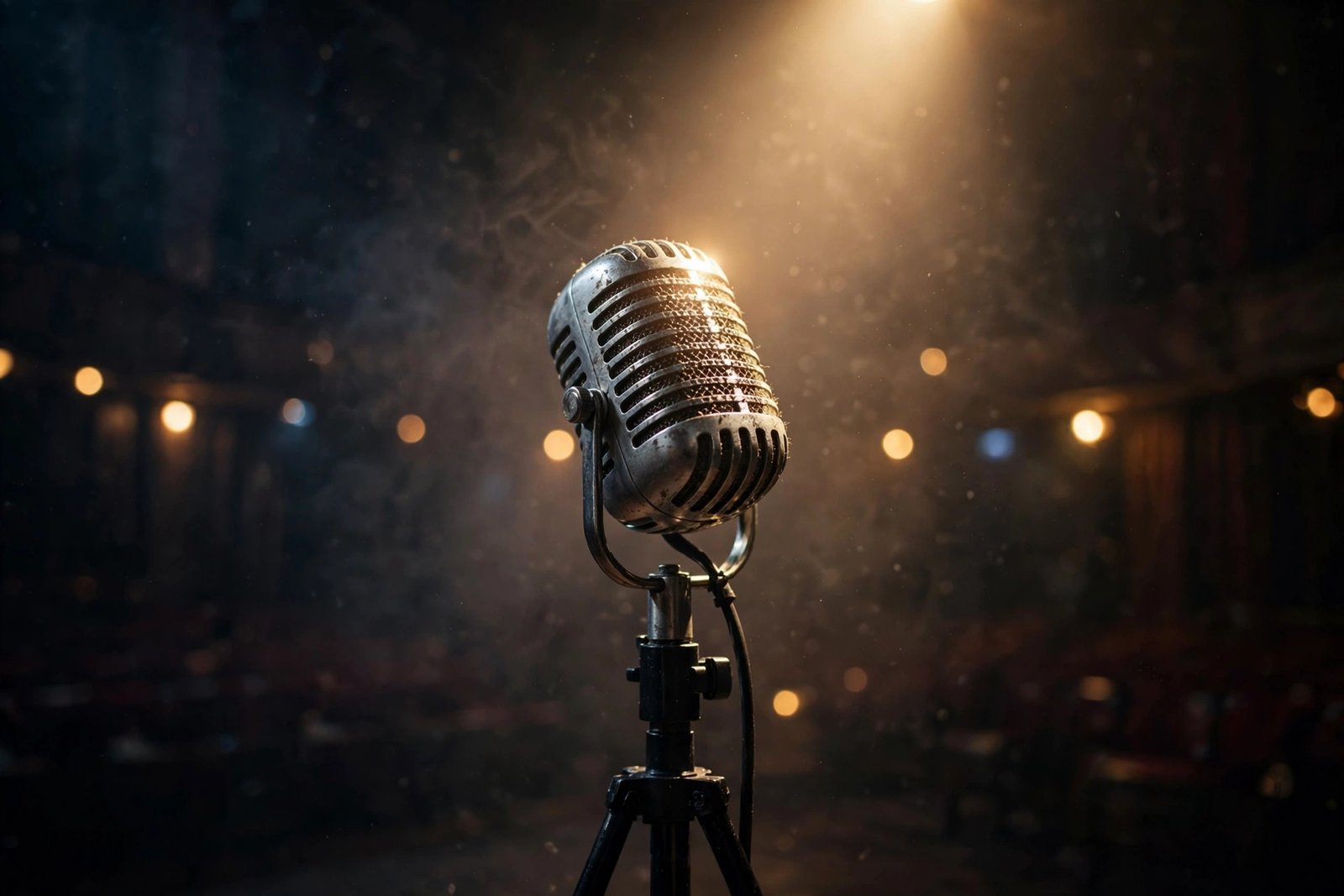 Vintage studio microphone under a spotlight, a nod to Marcel Young's musical family legacy