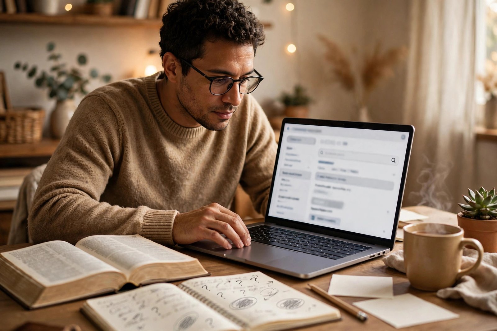A person researching an unfamiliar word on a laptop, with a notebook and reference books nearby
