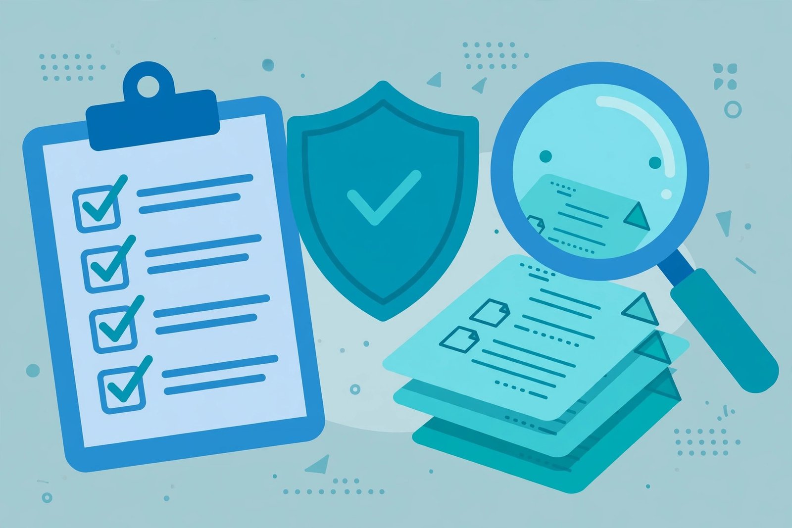 A verification checklist with a shield and magnifying glass over documents, representing how to check an unfamiliar term
