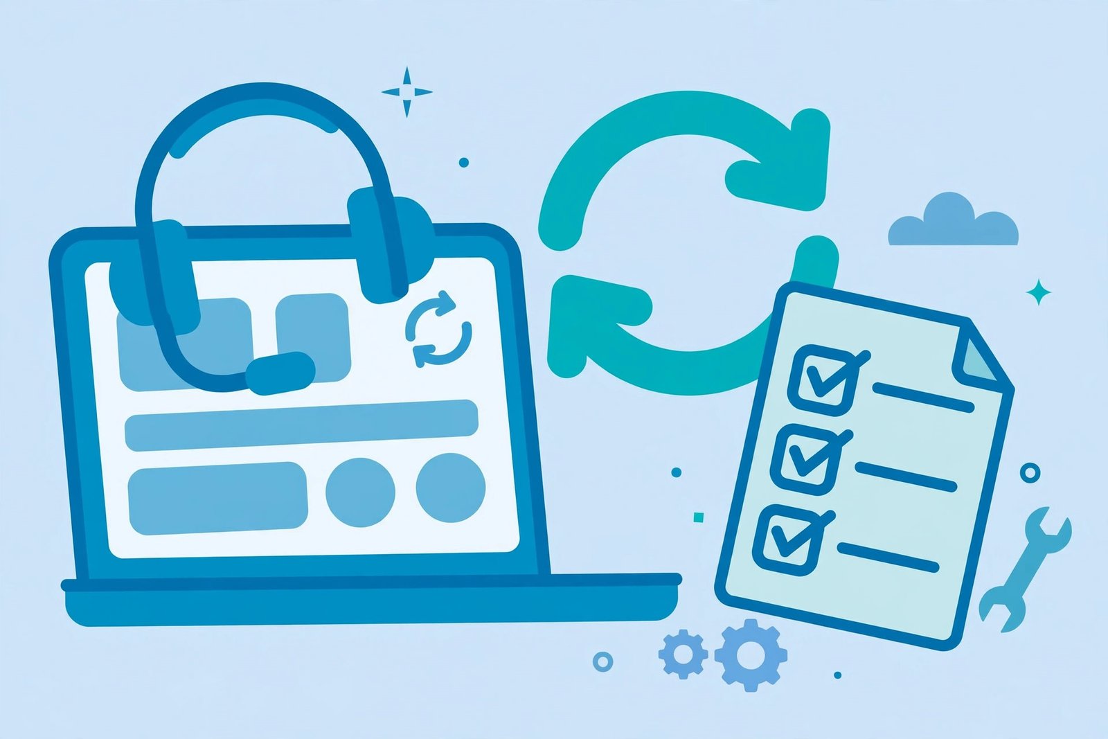 Troubleshooting help for an employee work portal with a checklist and support headset