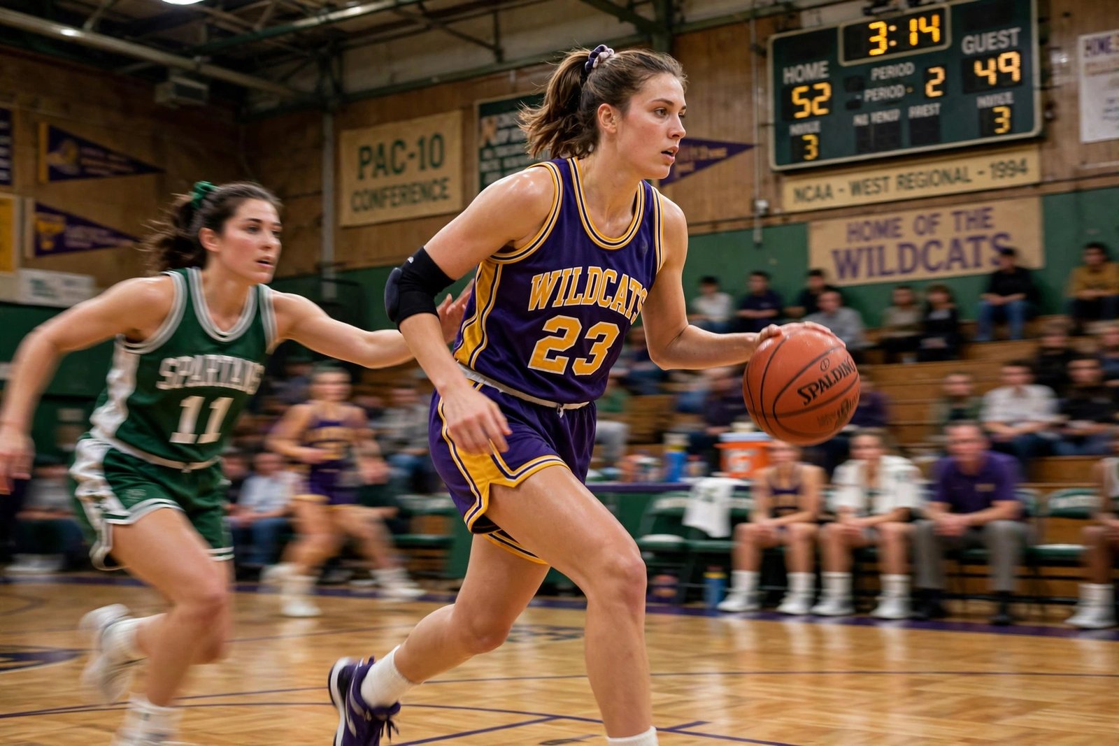 College women's basketball player dribbling during a game