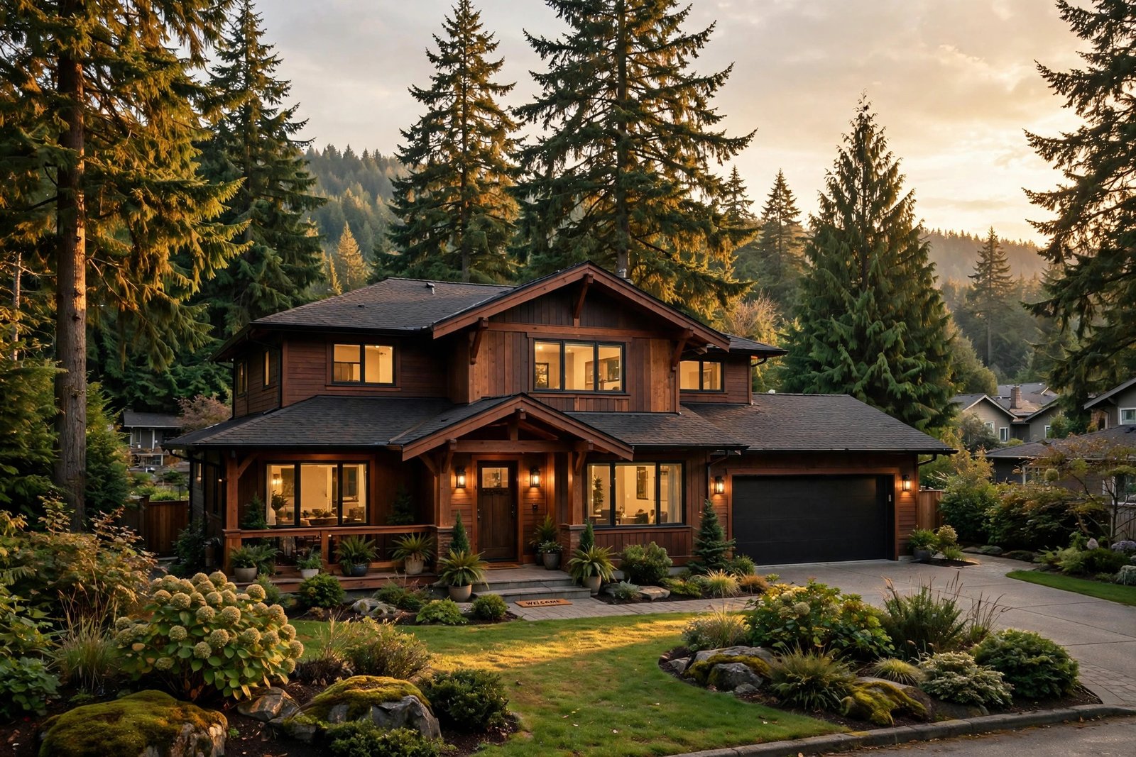 Pacific Northwest family home at golden hour