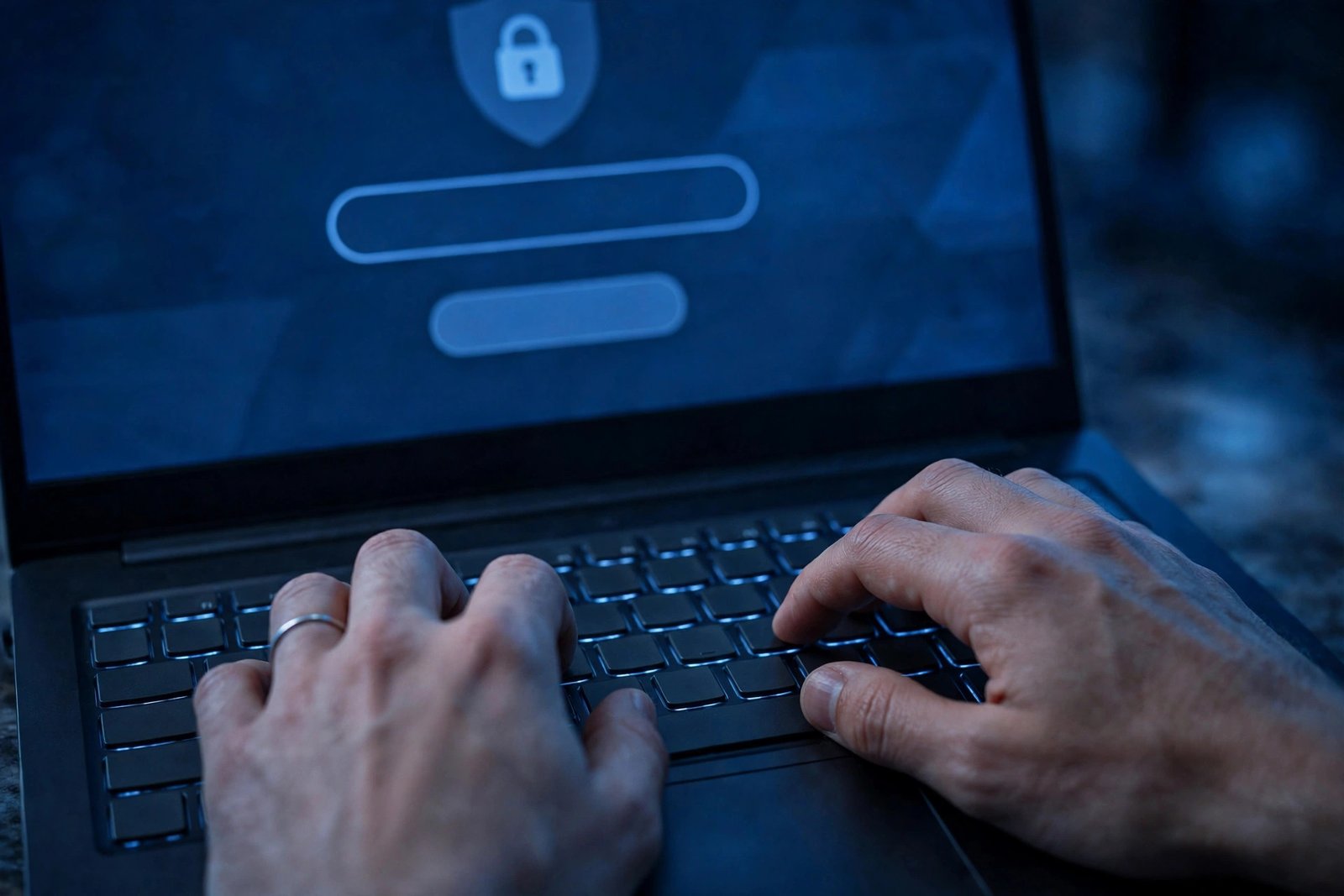 Employee typing on a laptop while signing in to a secure work portal