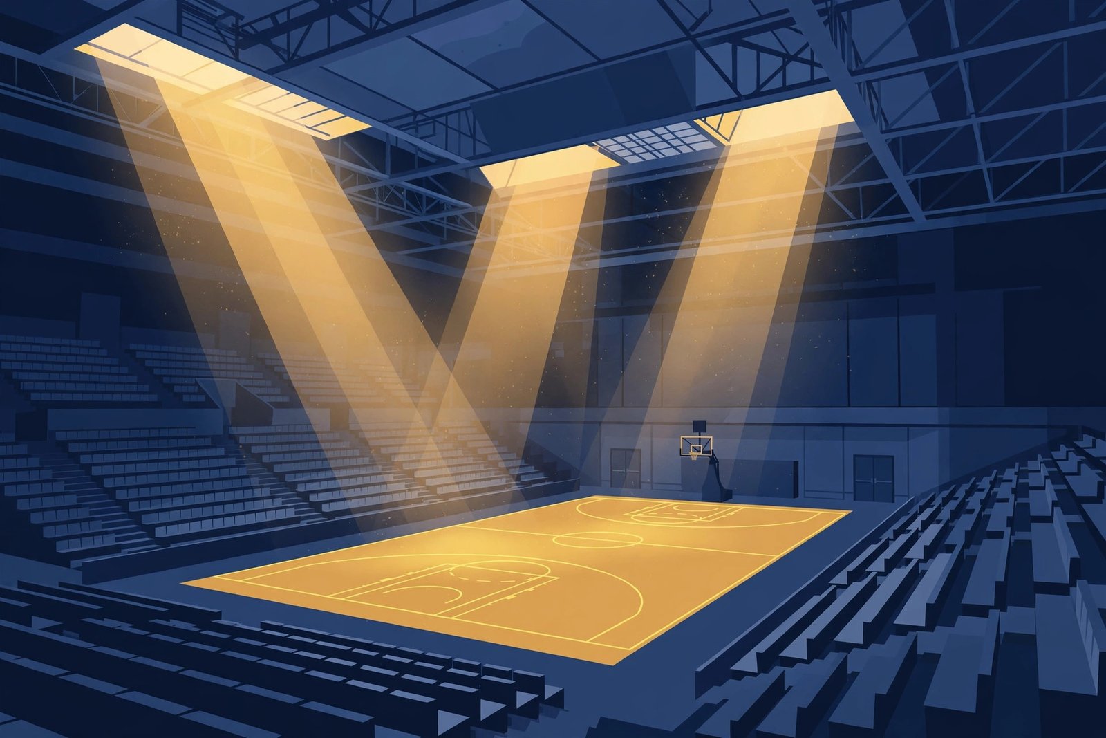 Illustration of an empty basketball arena with light beams falling over the court