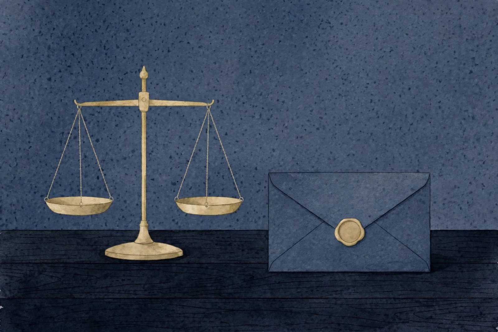 Illustration of scales of justice beside a sealed envelope, symbolizing the divorce settlement