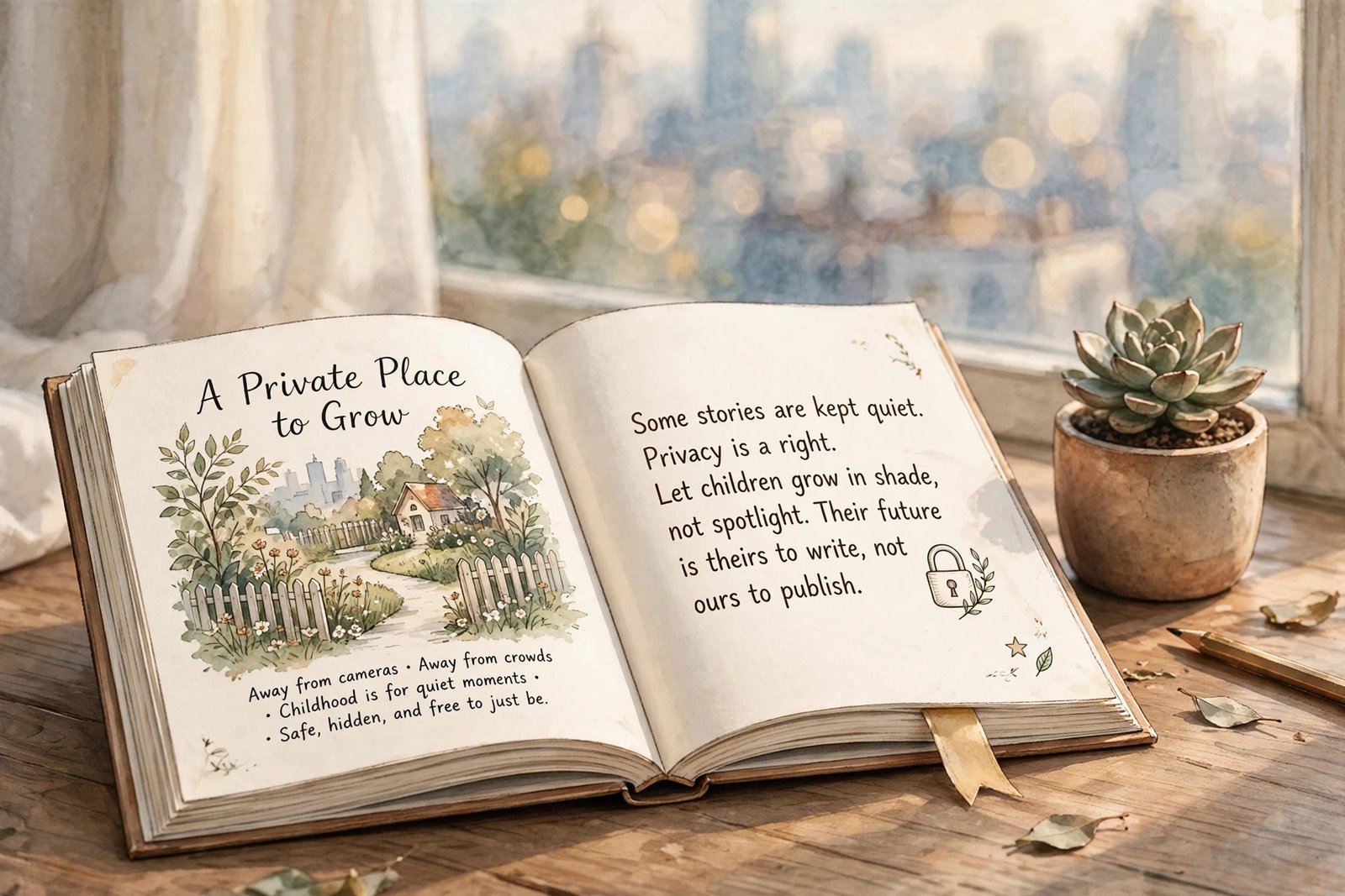 Quiet editorial illustration about privacy for celebrity children, showing an open storybook beside soft window light