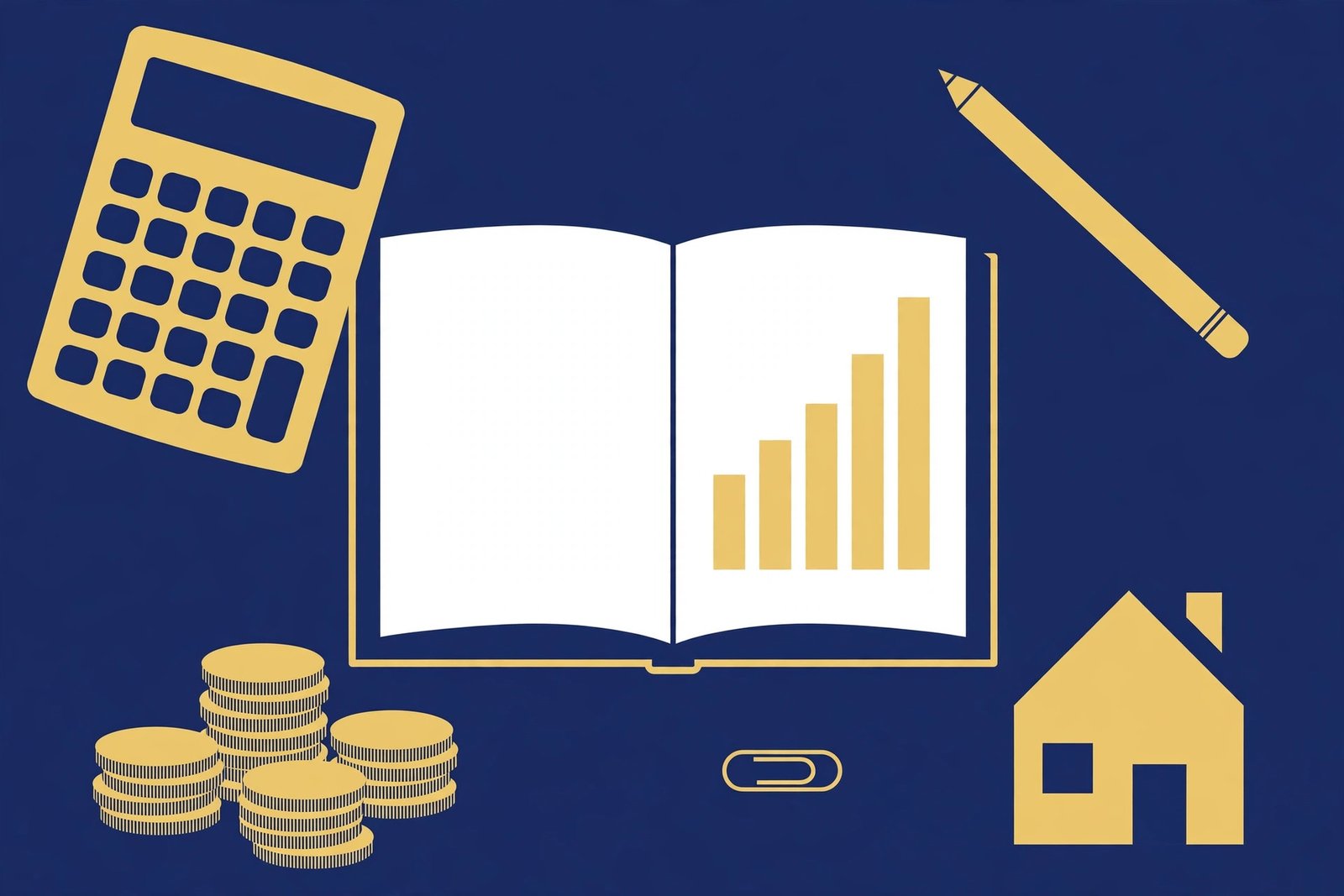 Illustration of how net worth is estimated, showing a calculator, notebook, bar chart, coins and a house icon