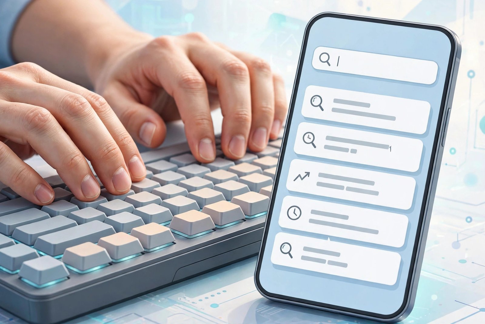 Hands on a keyboard beside a phone showing search suggestions while refining a garbled search query