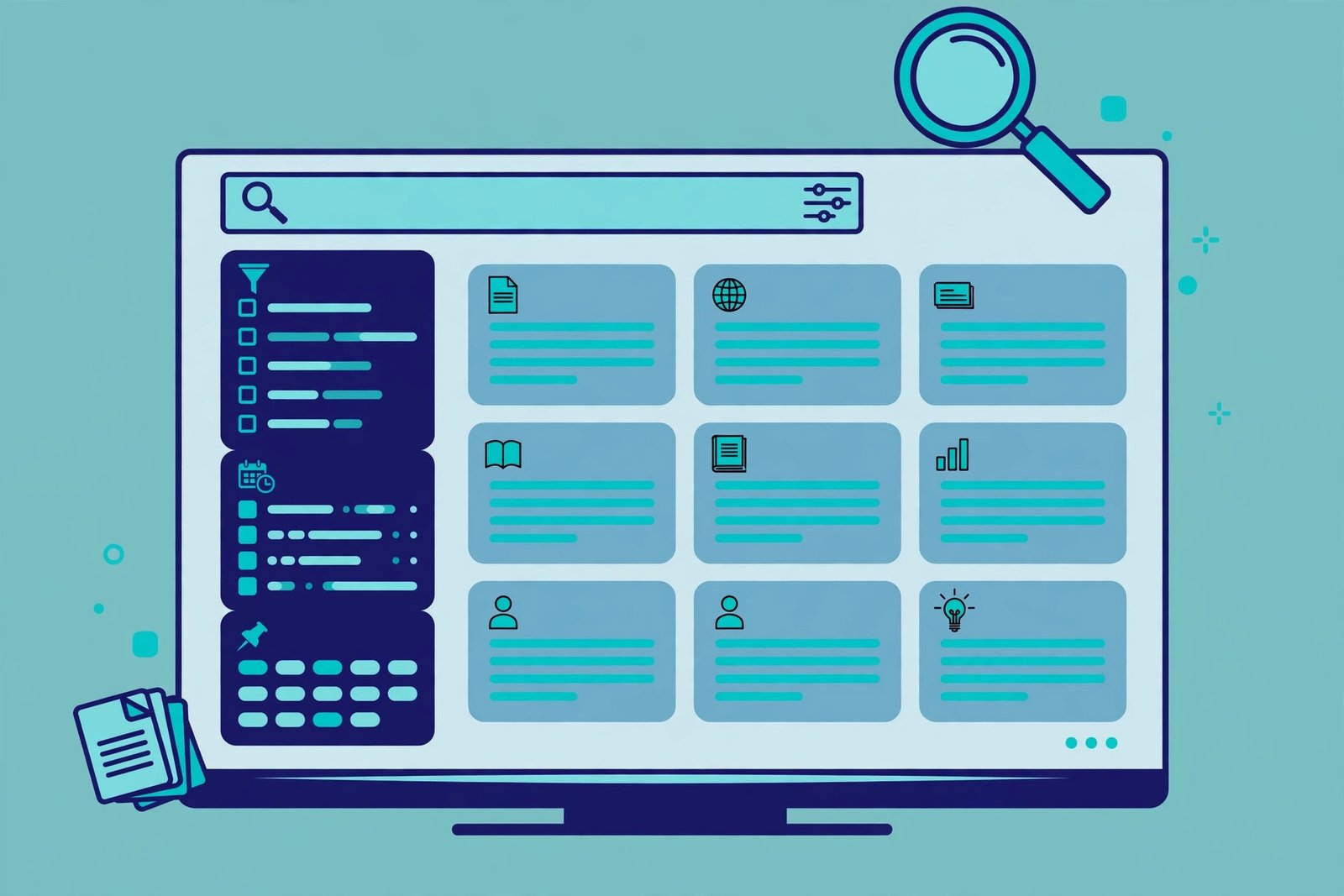 Concept illustration of a search results page with filters and topic cards for finding the right information online