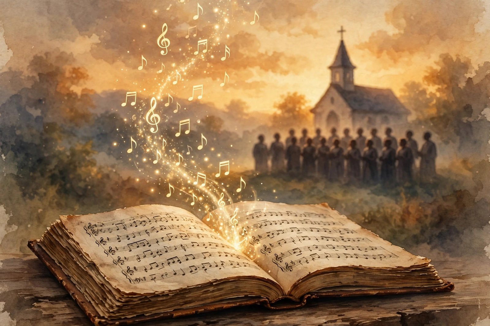 Illustration of a gospel songbook with glowing musical notes and a church choir at dusk, reflecting the Houghton family's musical legacy