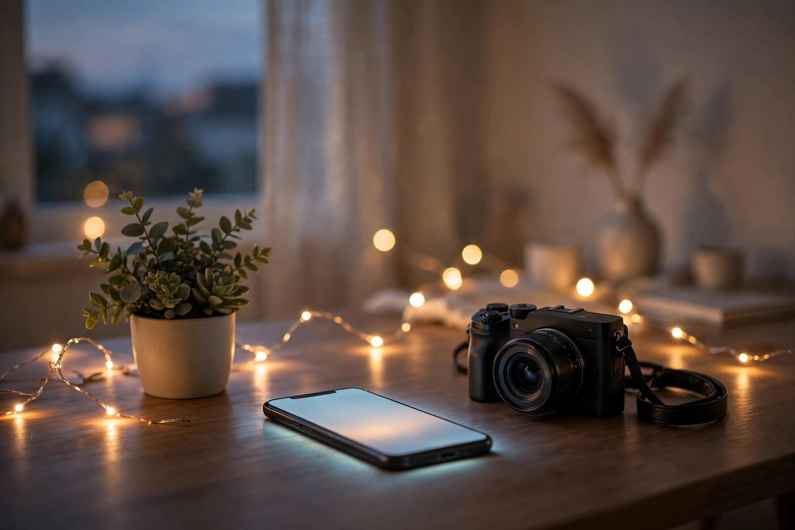 Illustration of a cozy desk with a smartphone, camera, and warm fairy lights, representing a modern social media lifestyle