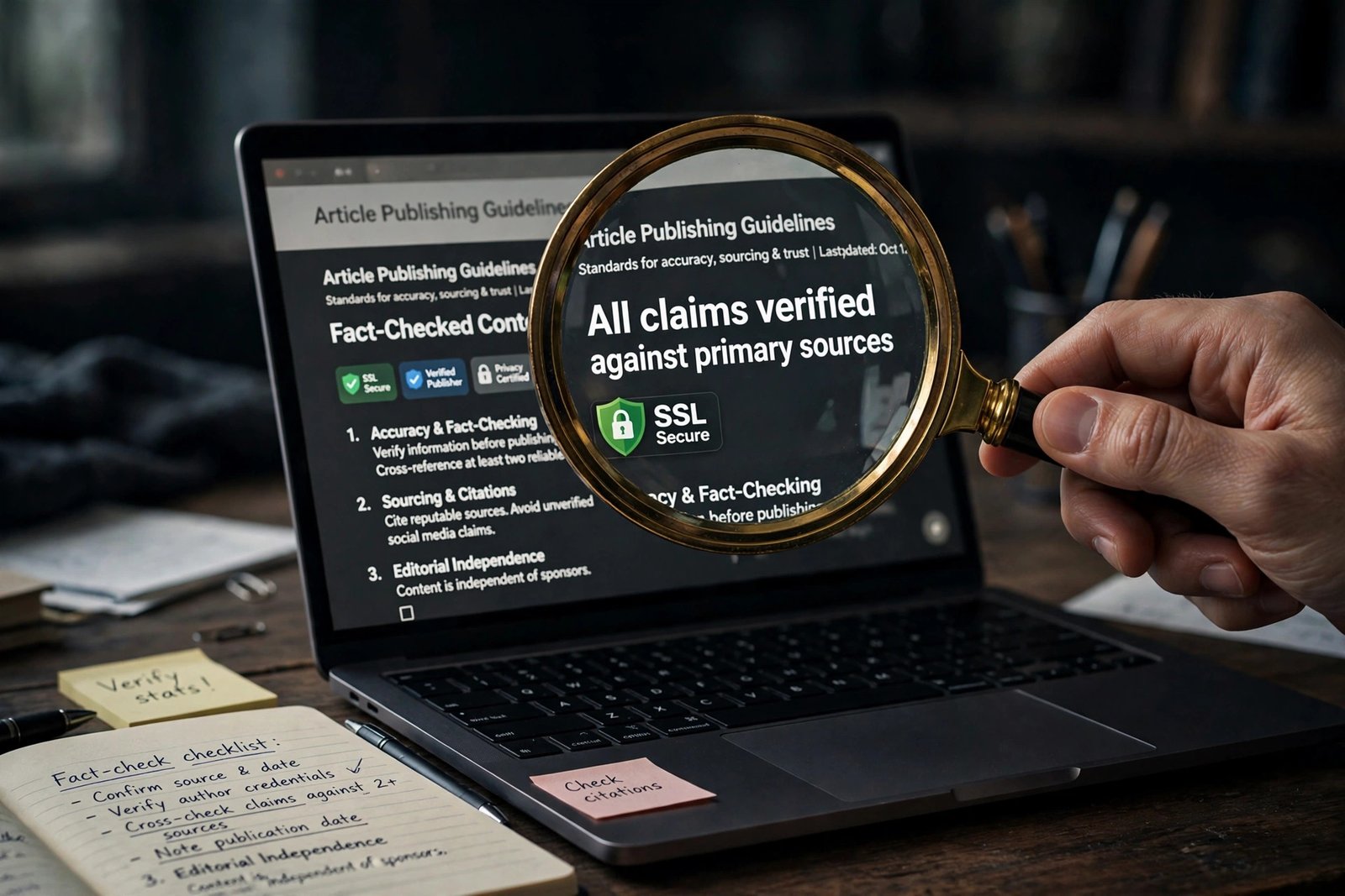 Magnifying glass over a laptop screen showing website trust signals and publishing guidelines