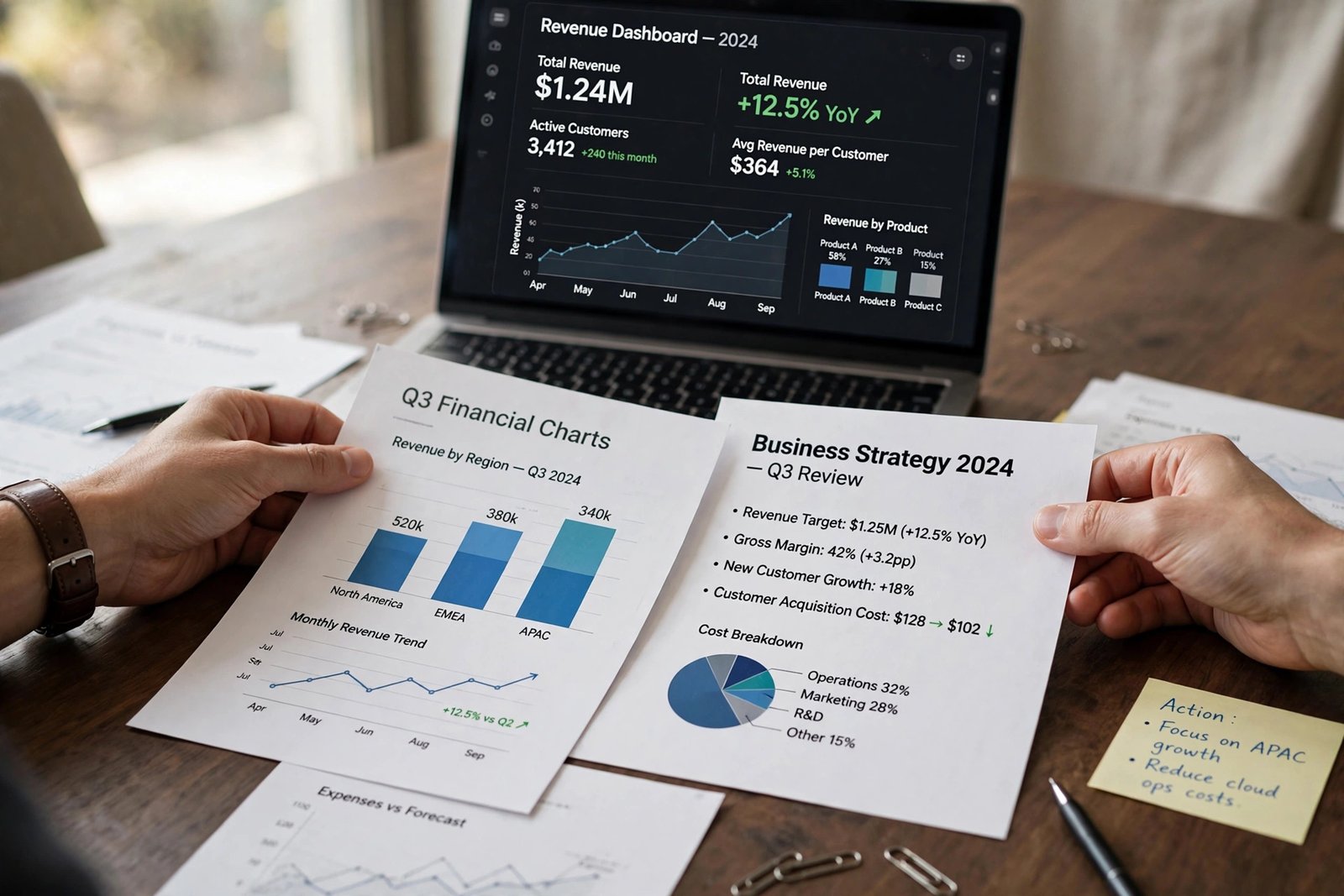 Founder reviewing financial charts and funding documents on a conference table with a laptop showing revenue data