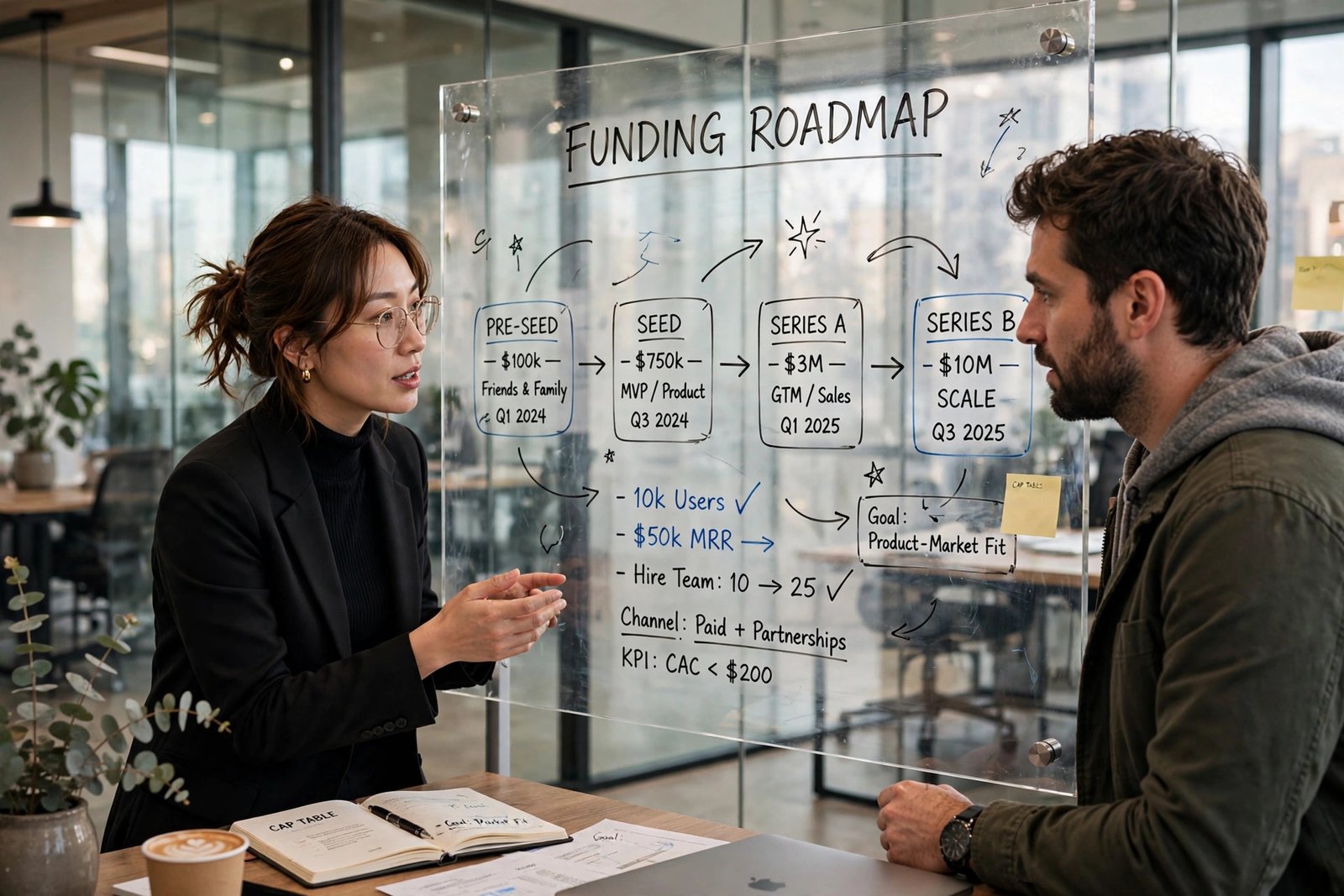 Two entrepreneurs planning a funding roadmap and growth milestones on a whiteboard in a tech office