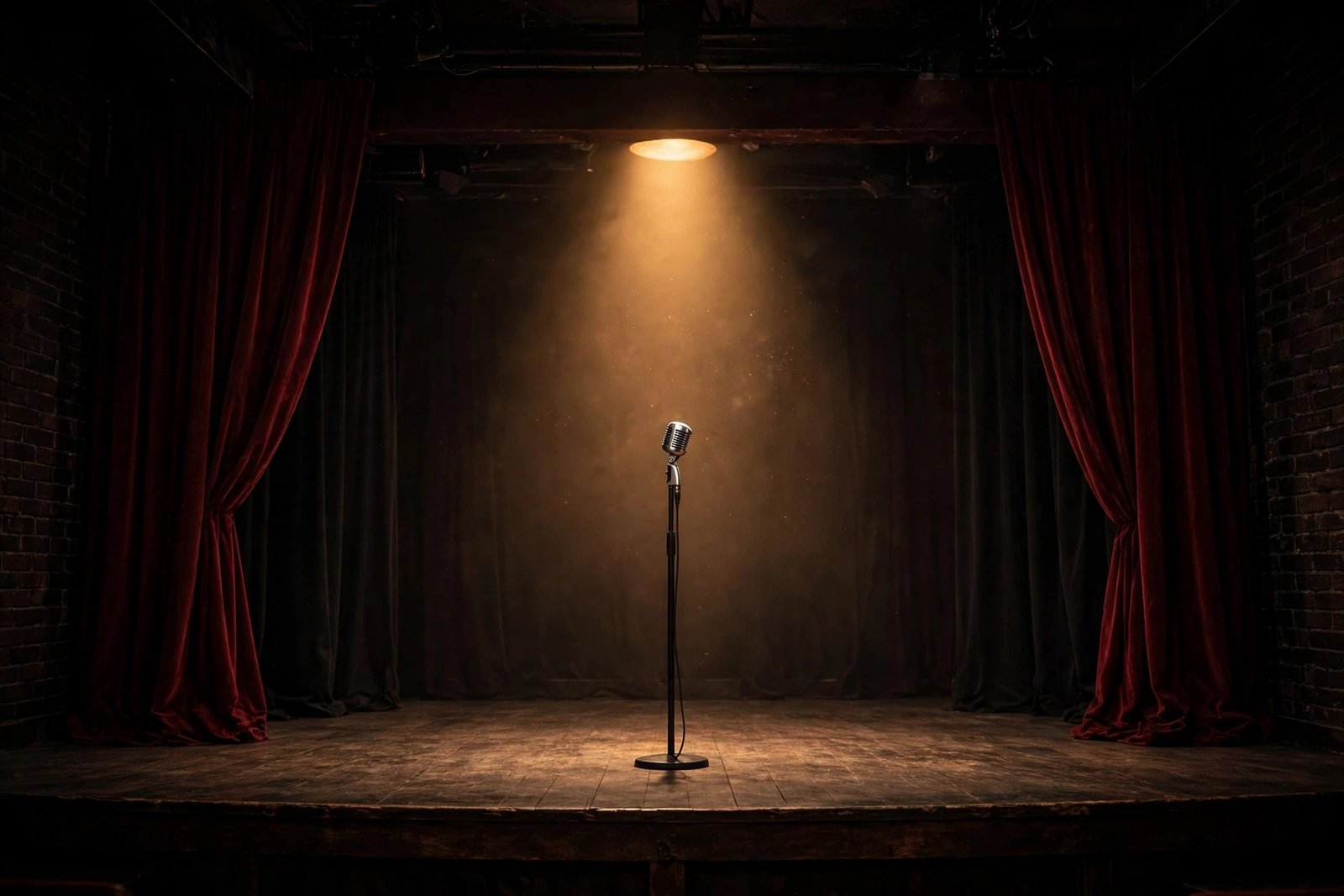 An empty comedy stage with a single microphone under a warm spotlight, an illustrative image for a biography article